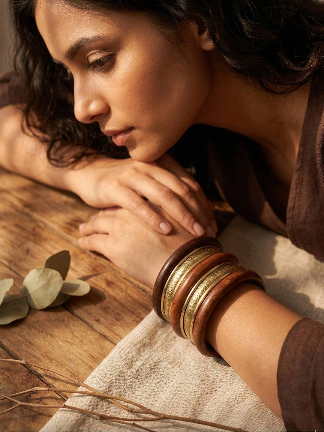 Wood & Gold-Toned Brass Engraved Bangles Set of 8