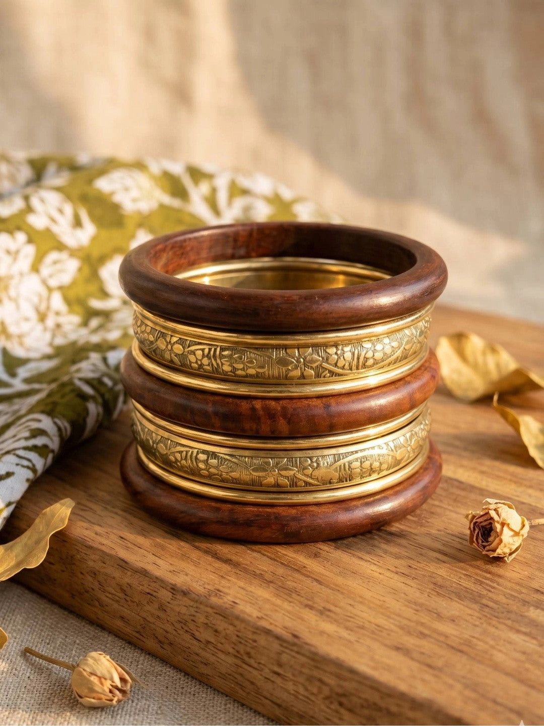 Wood & Gold-Toned Brass Engraved Bangles Set of 8