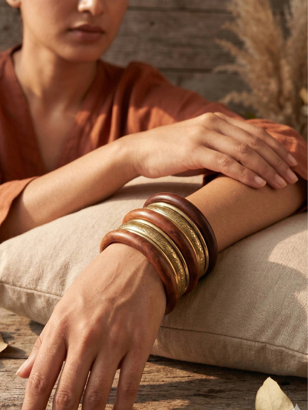 Wood & Gold-Toned Brass Engraved Bangles Set of 8