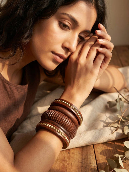 Brown Wood & Gold Stud Chunky Bangles Set of 5