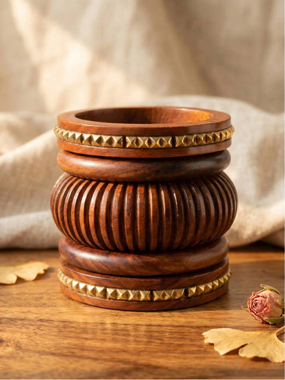 Brown Wood & Gold Stud Chunky Bangles Set of 5