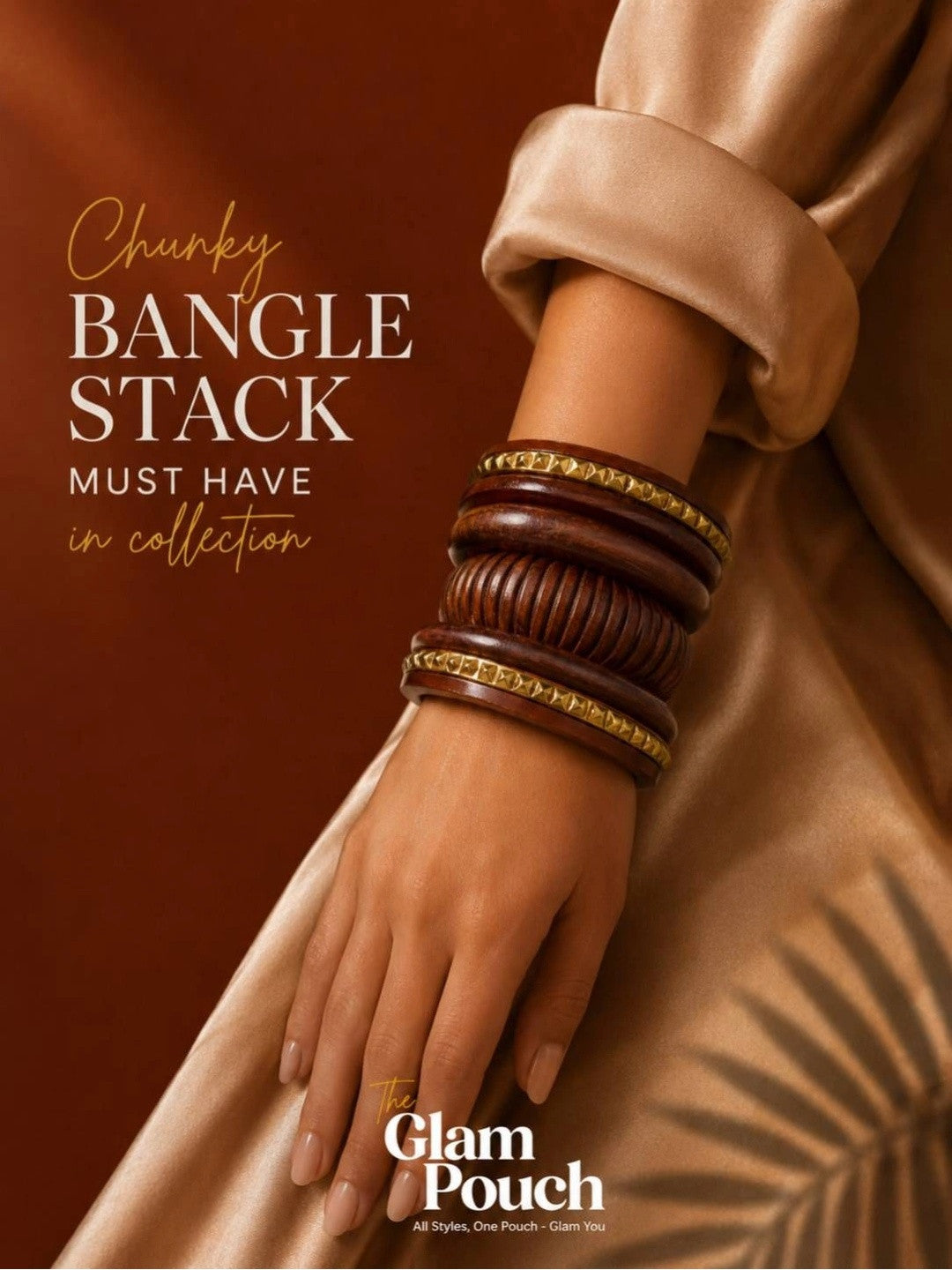 Brown Wood & Gold Stud Chunky Bangles Set of 5