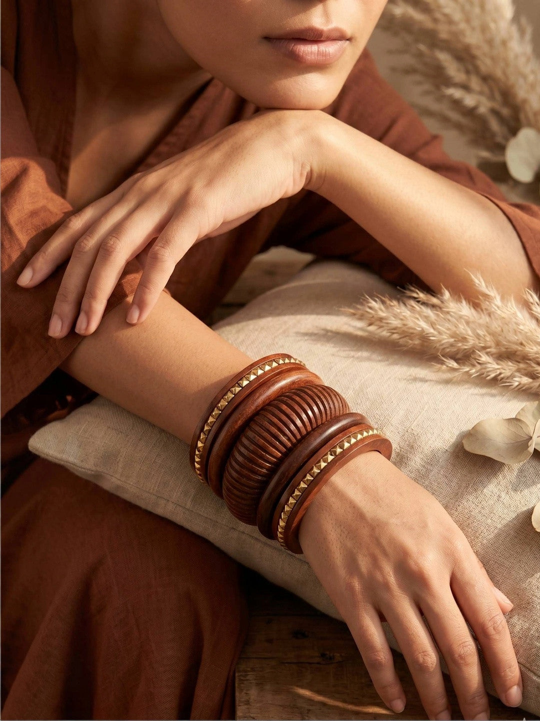 Brown Wood & Gold Stud Chunky Bangles Set of 5