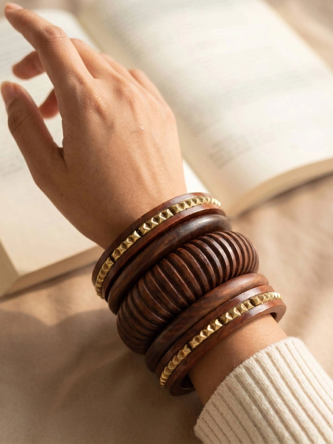 Brown Wood & Gold Stud Chunky Bangles Set of 5
