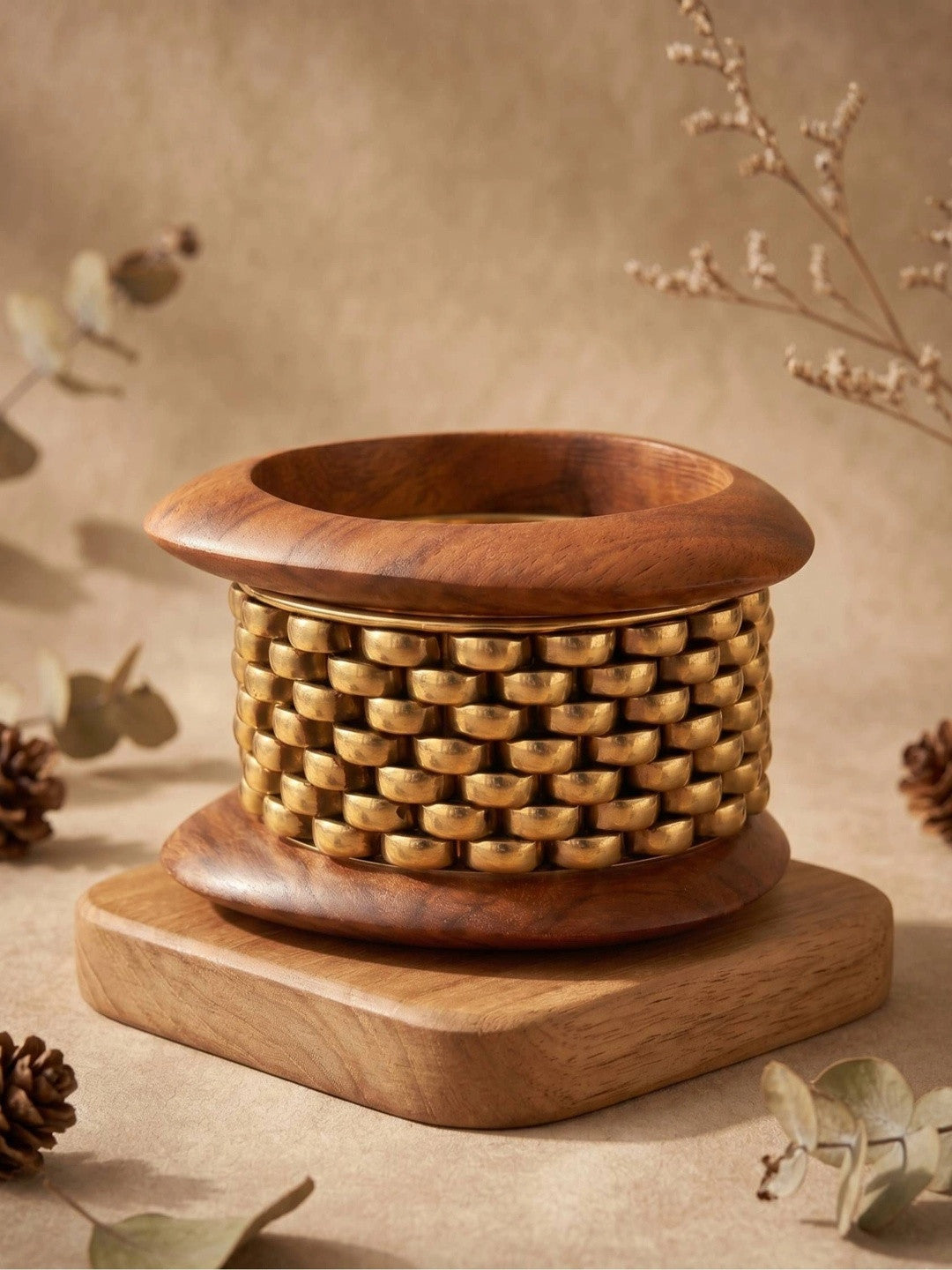 Antique Gold Wood & Brass Kada Bangles Set of 3