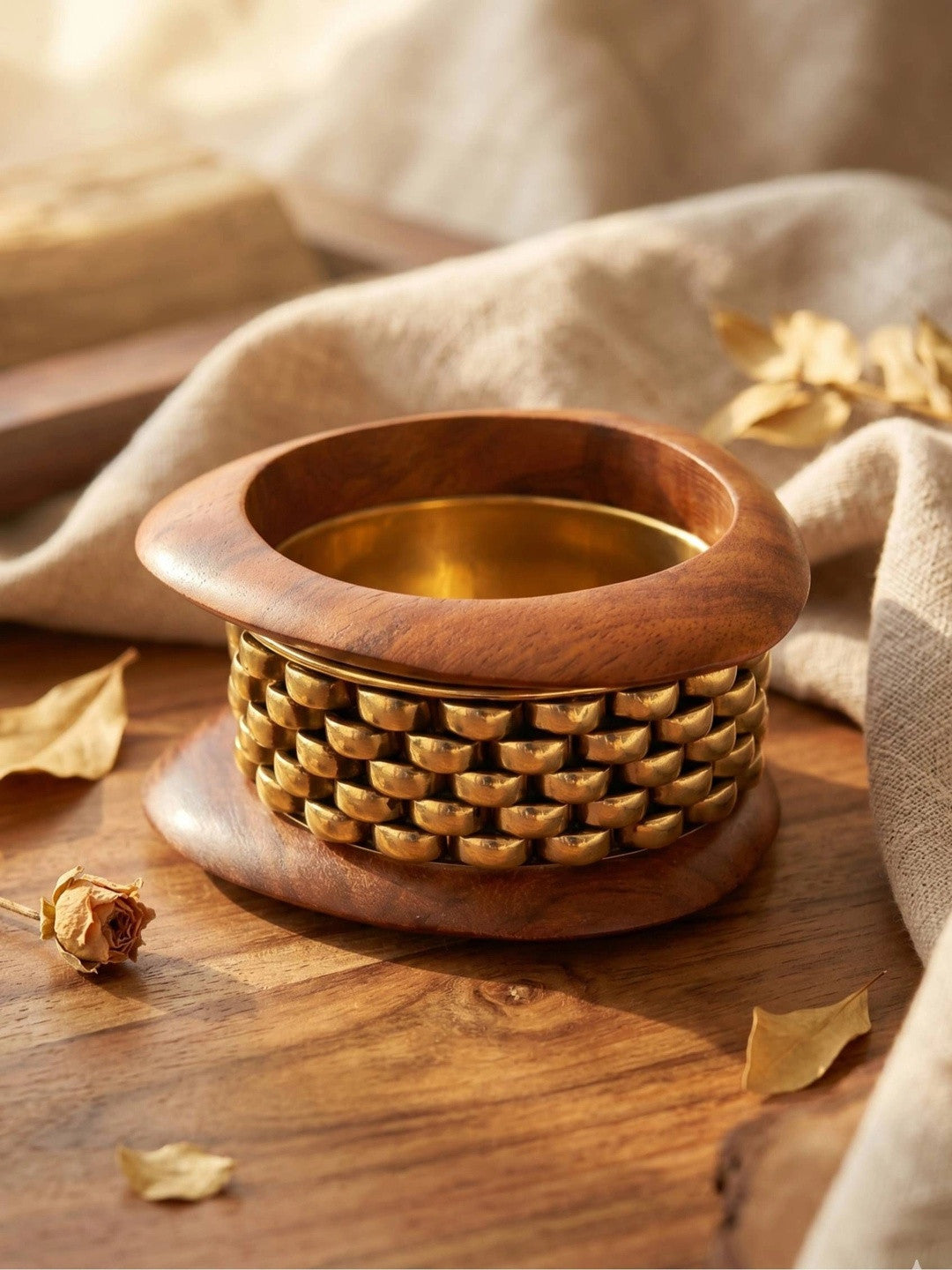 Antique Gold Wood & Brass Kada Bangles Set of 3