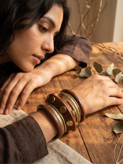Wood & Brass Engraved Kada Bangles Set of 6