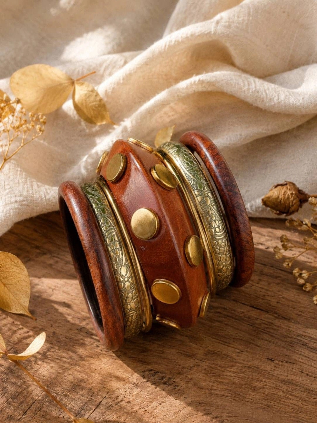 Wood & Brass Engraved Kada Bangles Set of 6