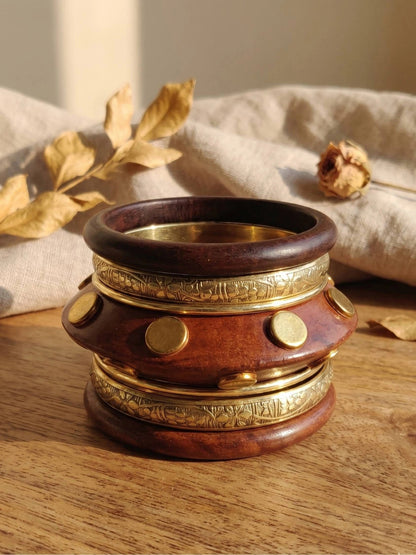Wood & Brass Engraved Kada Bangles Set of 6