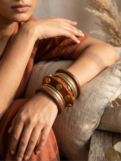 Wood & Brass Engraved Kada Bangles Set of 6