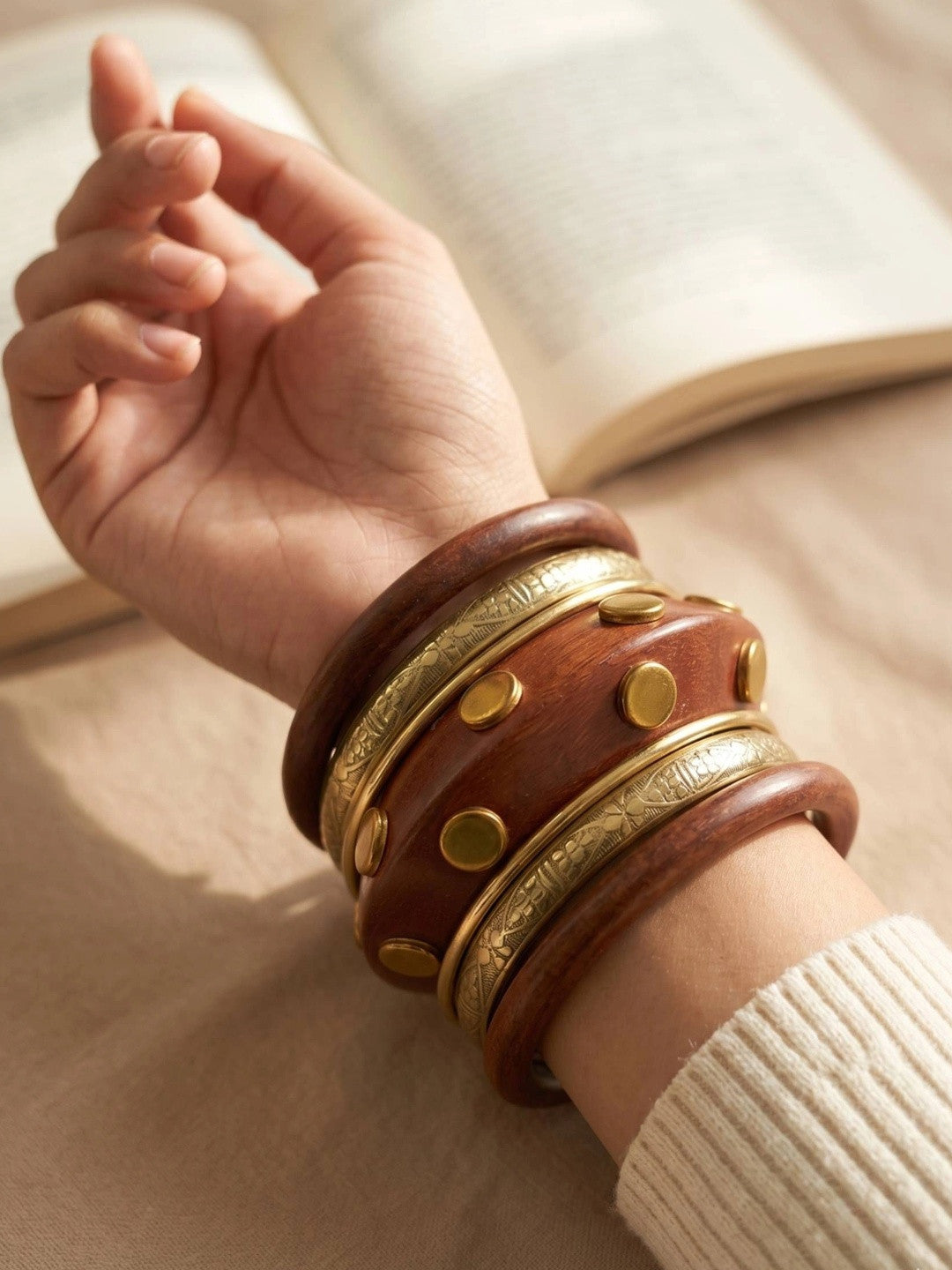 Wood & Brass Engraved Kada Bangles Set of 6