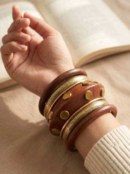 Wood & Brass Engraved Kada Bangles Set of 6