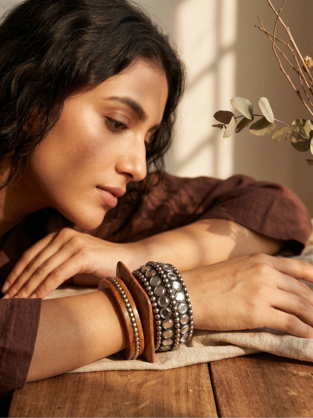 Oxidised Silver Wood & Metal Kada Bangles Set of 3