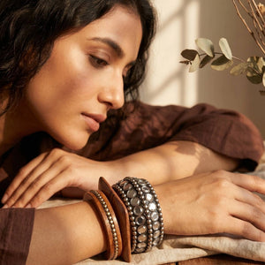 Oxidised Silver Wood & Metal Kada Bangles Set of 3