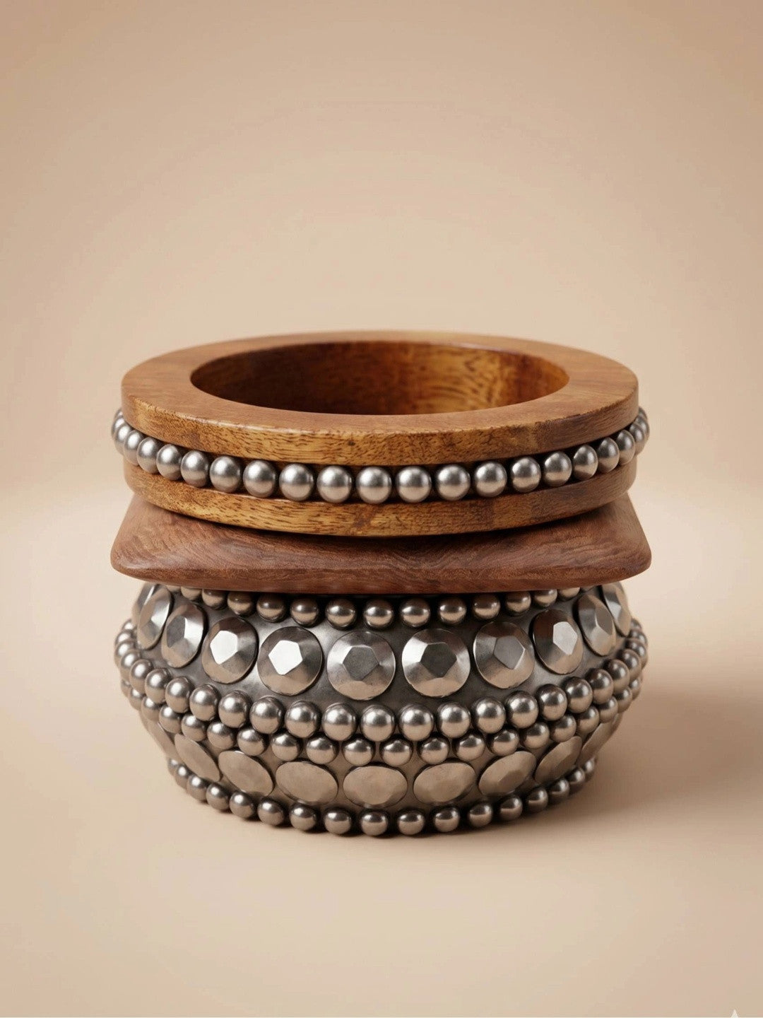 Oxidised Silver Wood & Metal Kada Bangles Set of 3