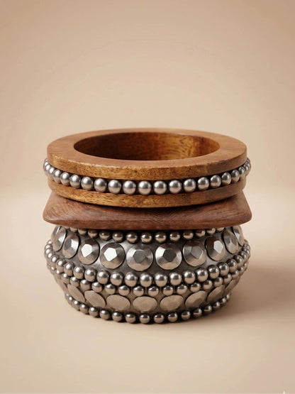 Oxidised Silver Wood & Metal Kada Bangles Set of 3