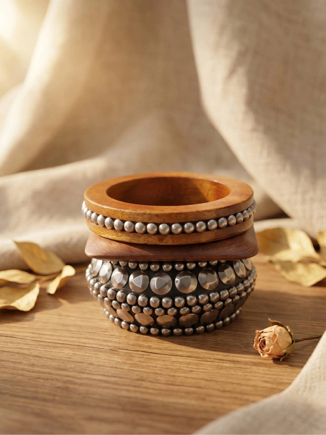 Oxidised Silver Wood & Metal Kada Bangles Set of 3