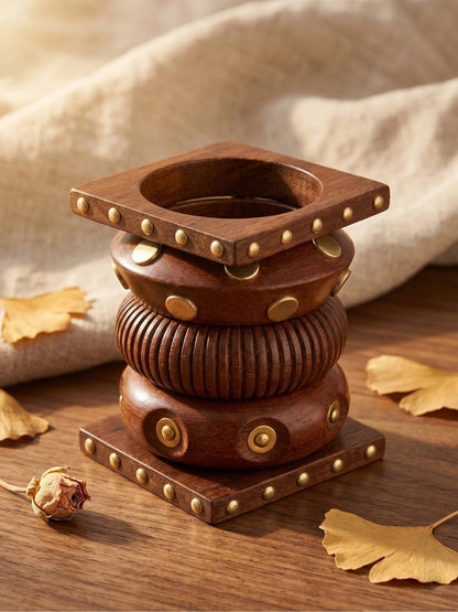 Brass-Inlaid Wooden Chunky Bangles Set of 5