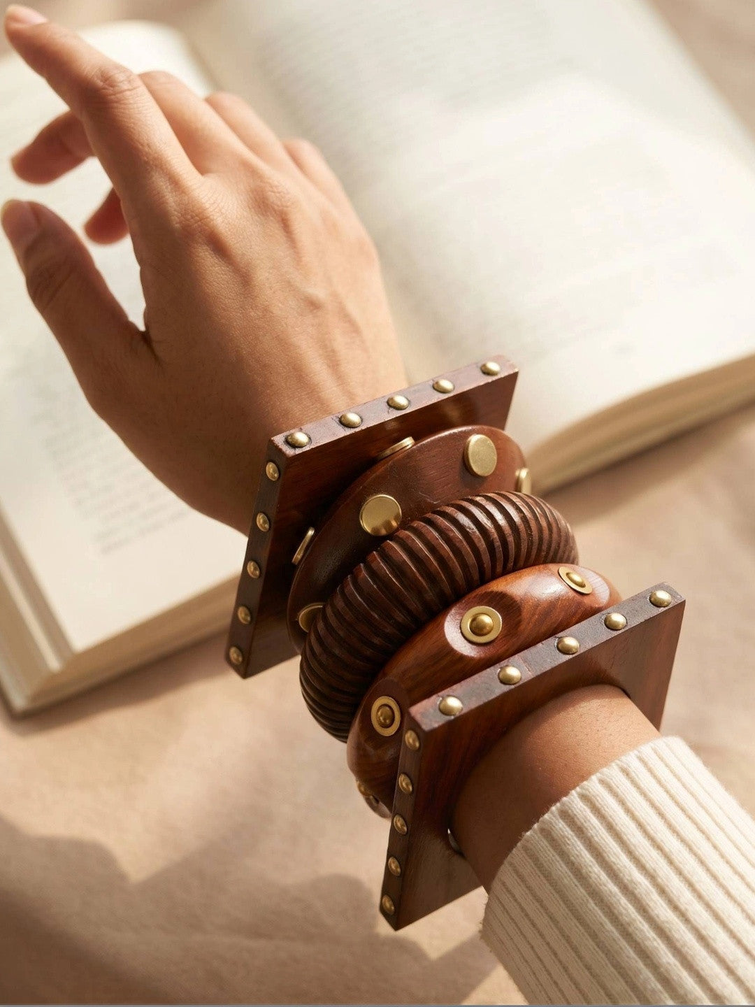 Brass-Inlaid Wooden Chunky Bangles Set of 5