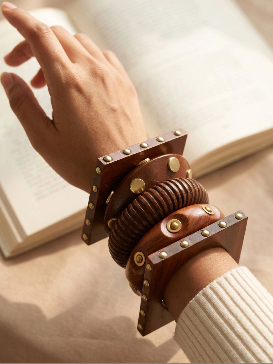 Brass-Inlaid Wooden Chunky Bangles Set of 5
