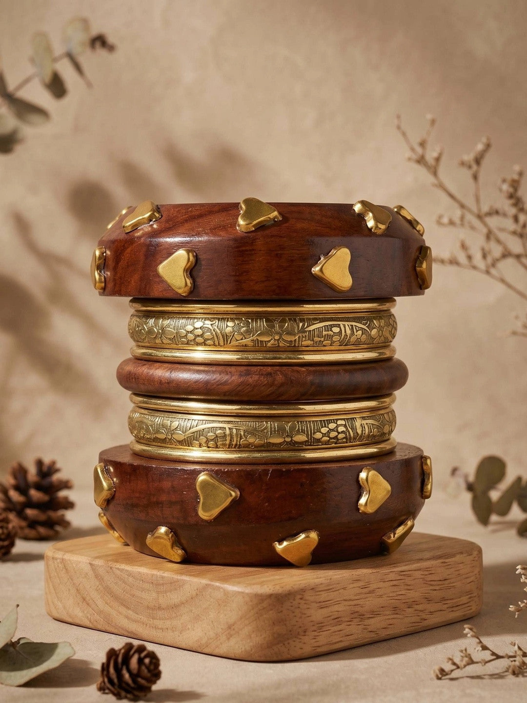 Gold-Finish Wooden Heart Stud Bangles Set of 8