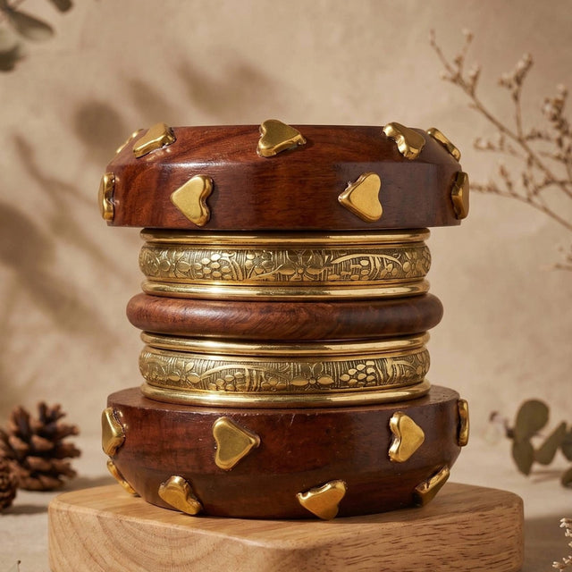 Gold-Finish Wooden Heart Stud Bangles Set of 8