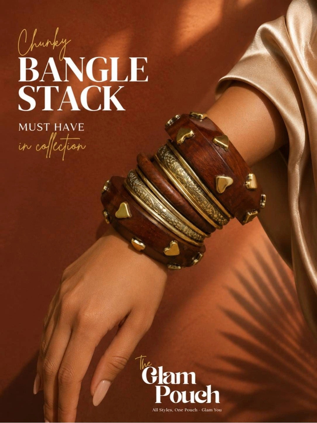 Gold-Finish Wooden Heart Stud Bangles Set of 8