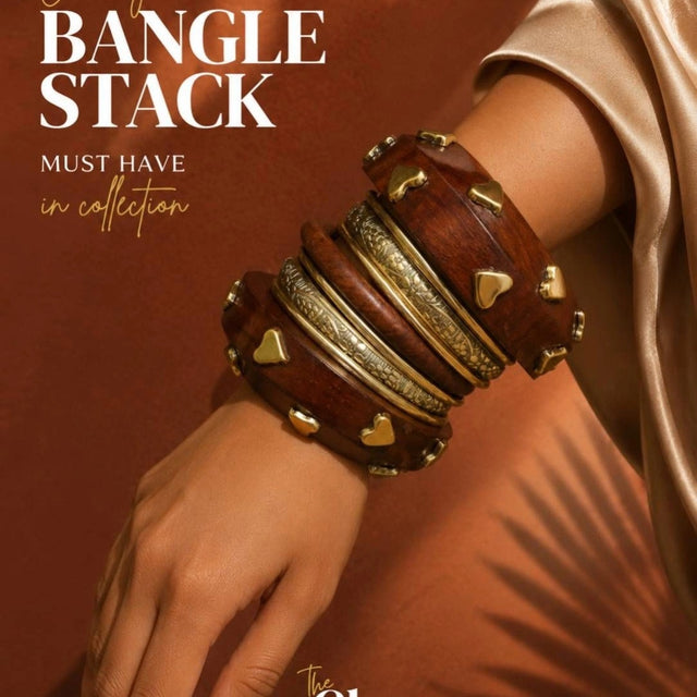 Gold-Finish Wooden Heart Stud Bangles Set of 8