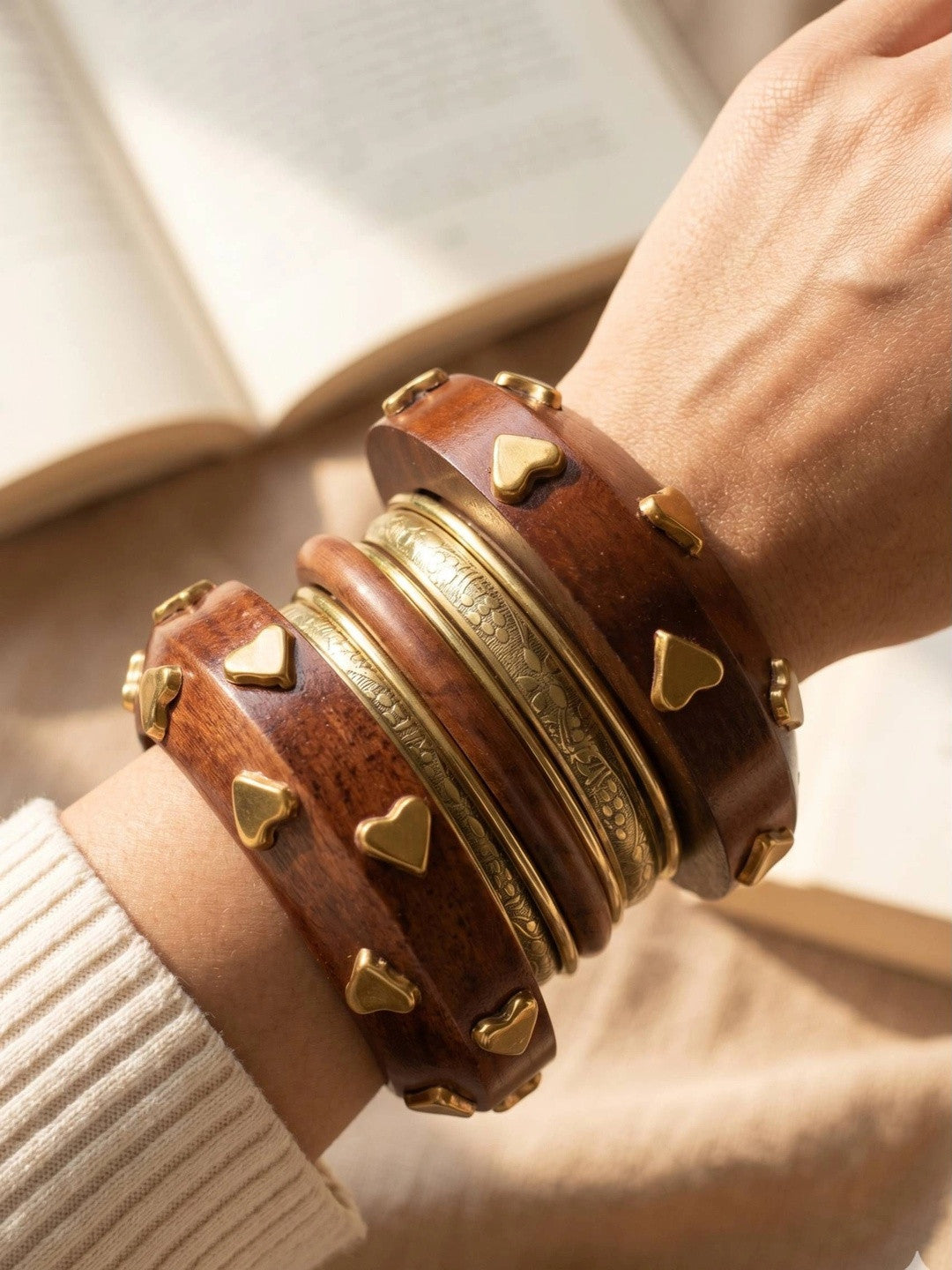 Gold-Finish Wooden Heart Stud Bangles Set of 8