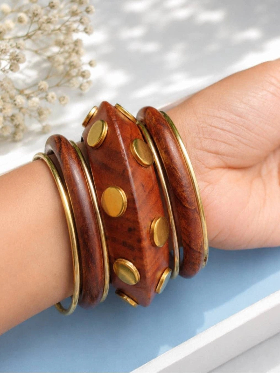 Wood & Gold-Tone Brass Bangle Set of 6
