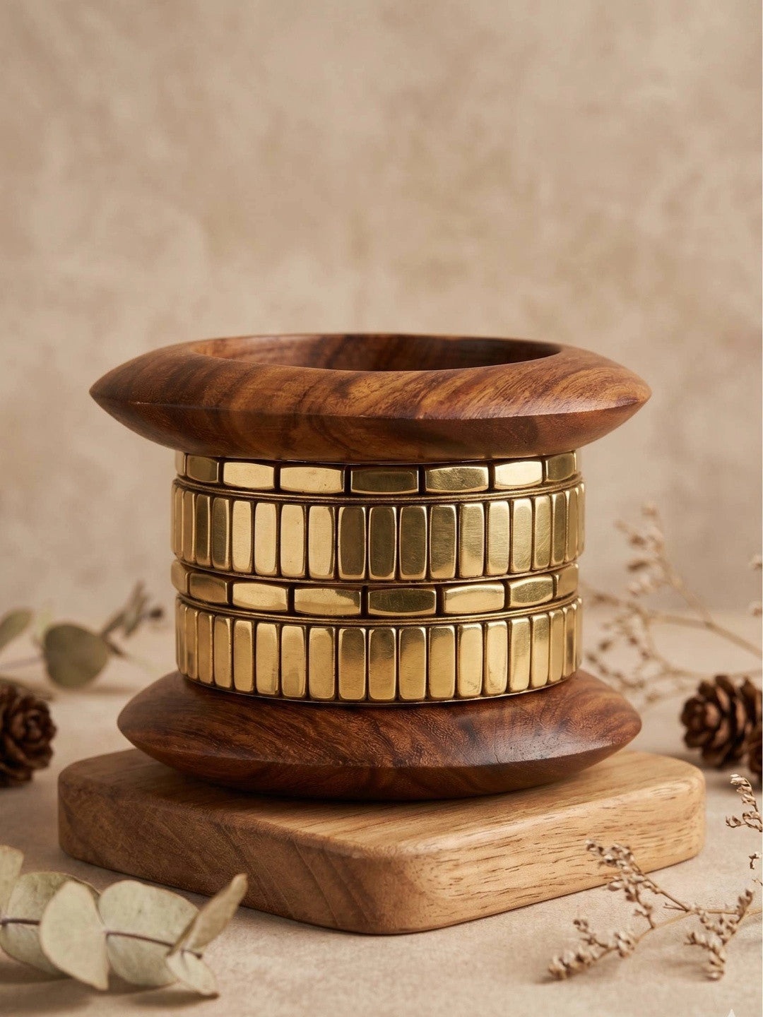 Gold-Plated Wood & Metal Chunky Bangles Set of 6