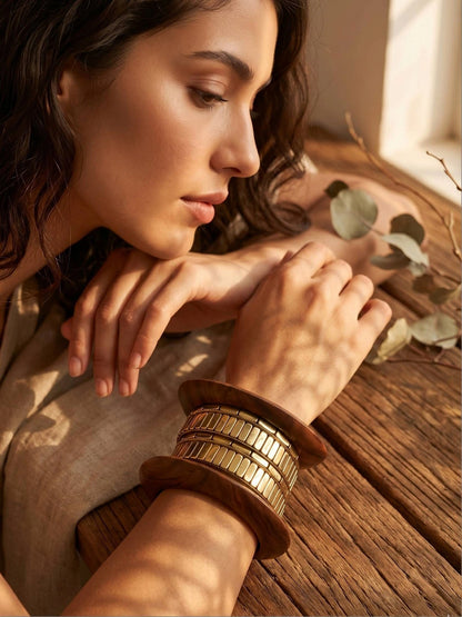 Gold-Plated Wood & Metal Chunky Bangles Set of 6