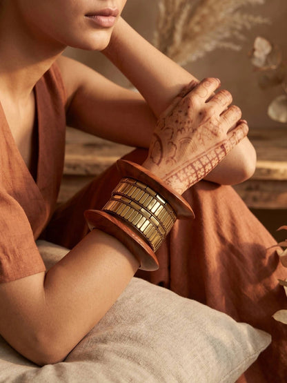 Gold-Plated Wood & Metal Chunky Bangles Set of 6