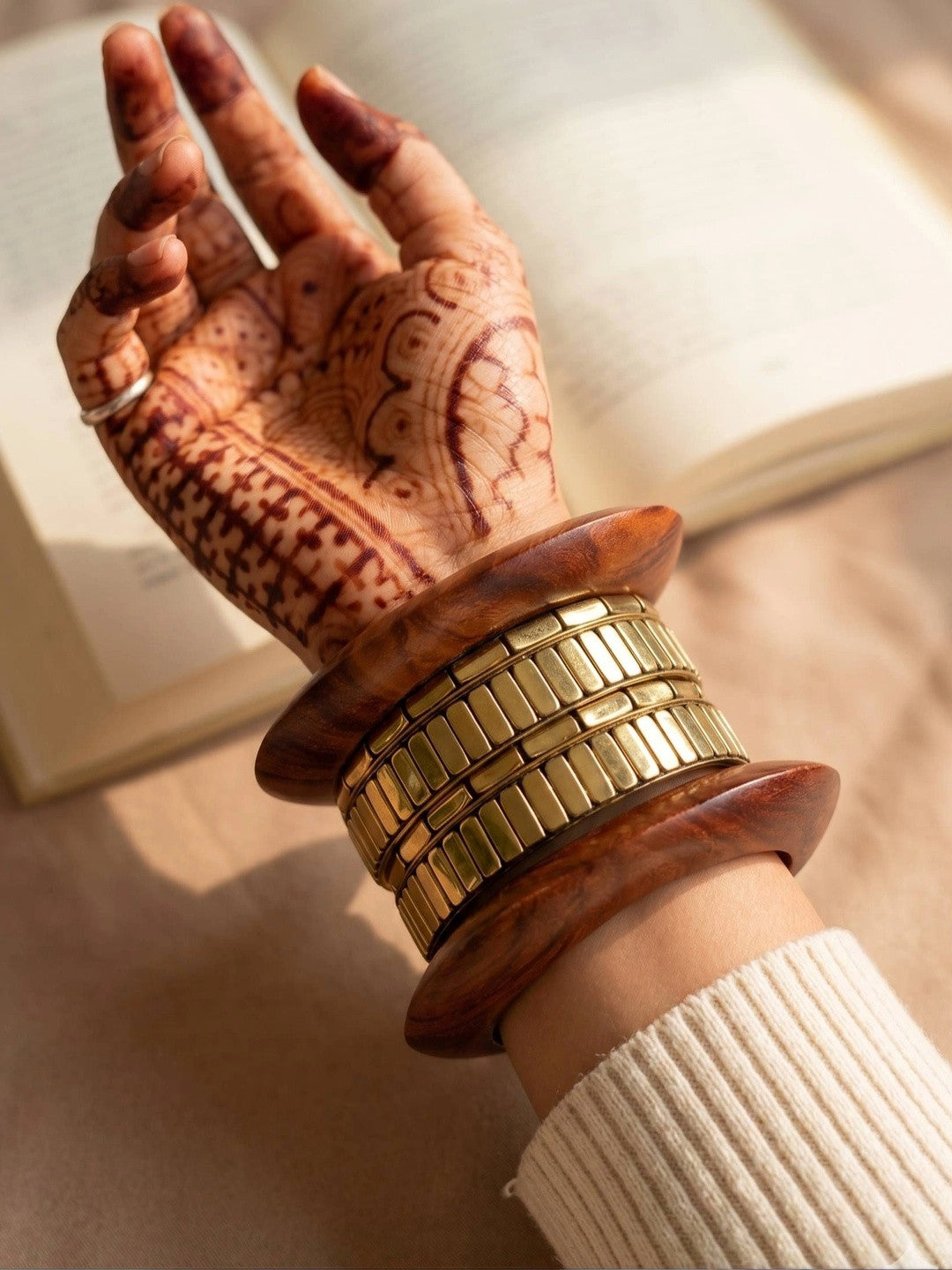 Gold-Plated Wood & Metal Chunky Bangles Set of 6
