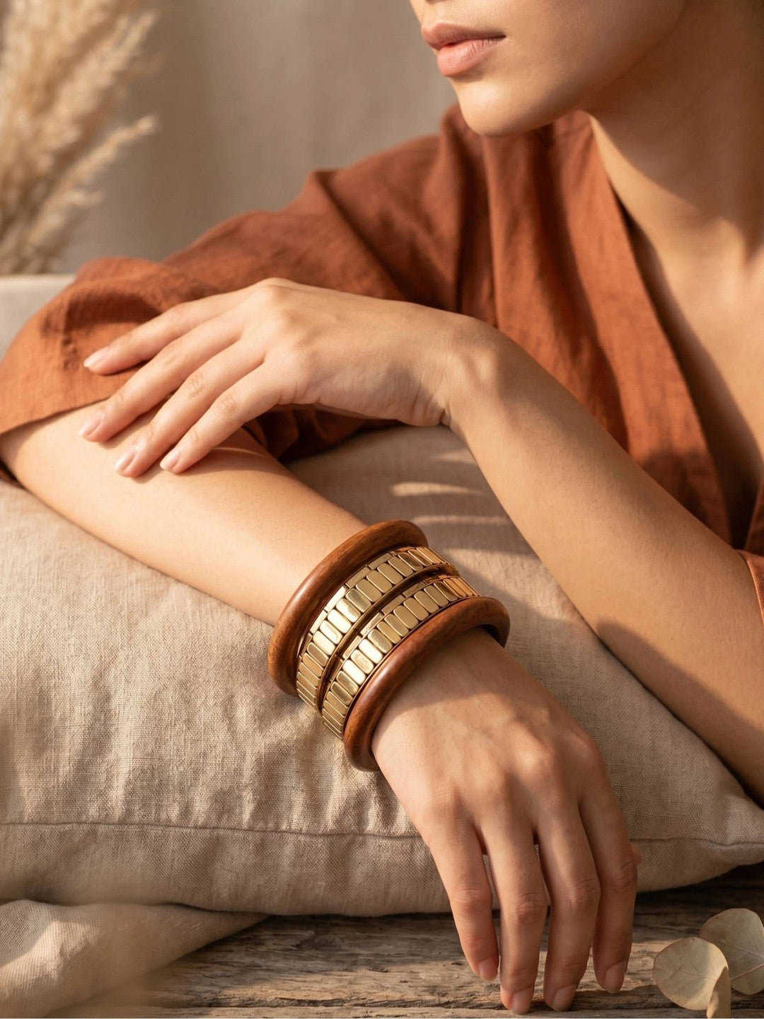 Gold-Tone Wood & Metal Chunky Bangles Set of 6