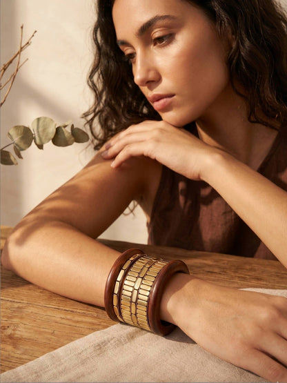 Gold-Tone Wood & Metal Chunky Bangles Set of 6