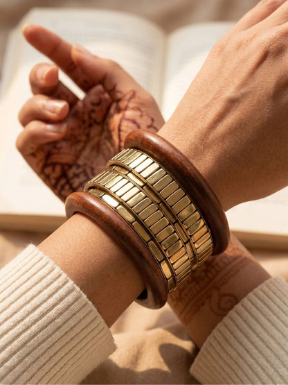 Gold-Tone Wood & Metal Chunky Bangles Set of 6
