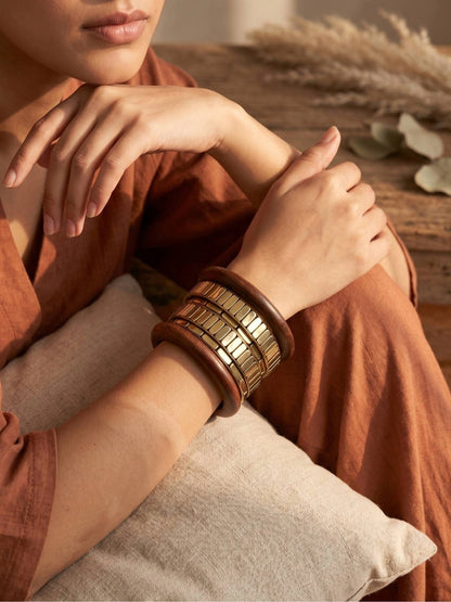 Gold-Tone Wood & Metal Chunky Bangles Set of 6