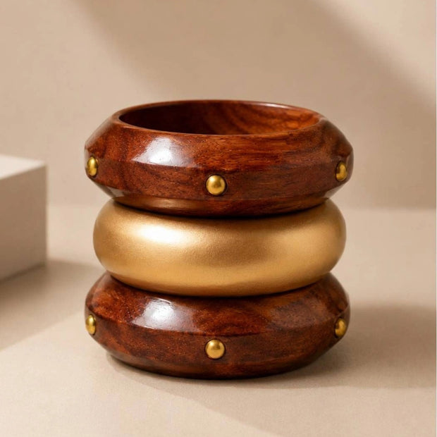 Wood & Gold Resin Bangle Set of 3