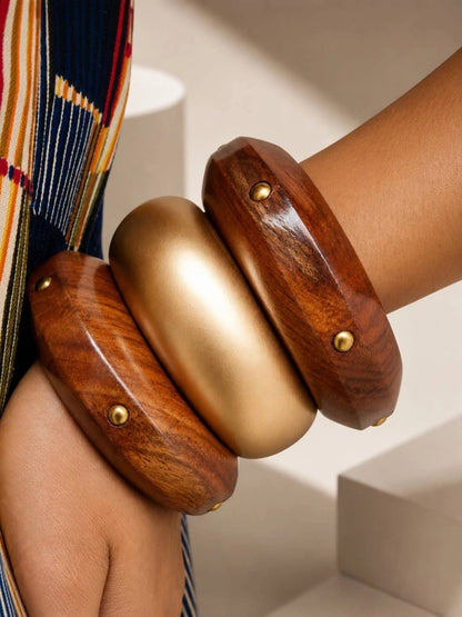 Wood & Gold Resin Bangle Set of 3
