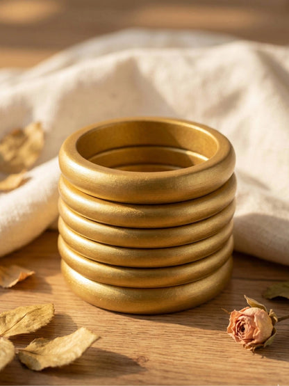Gold-Finish Wooden Bangles for Women Set of 6