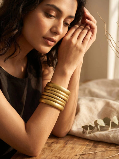 Gold-Finish Wooden Bangles for Women Set of 6