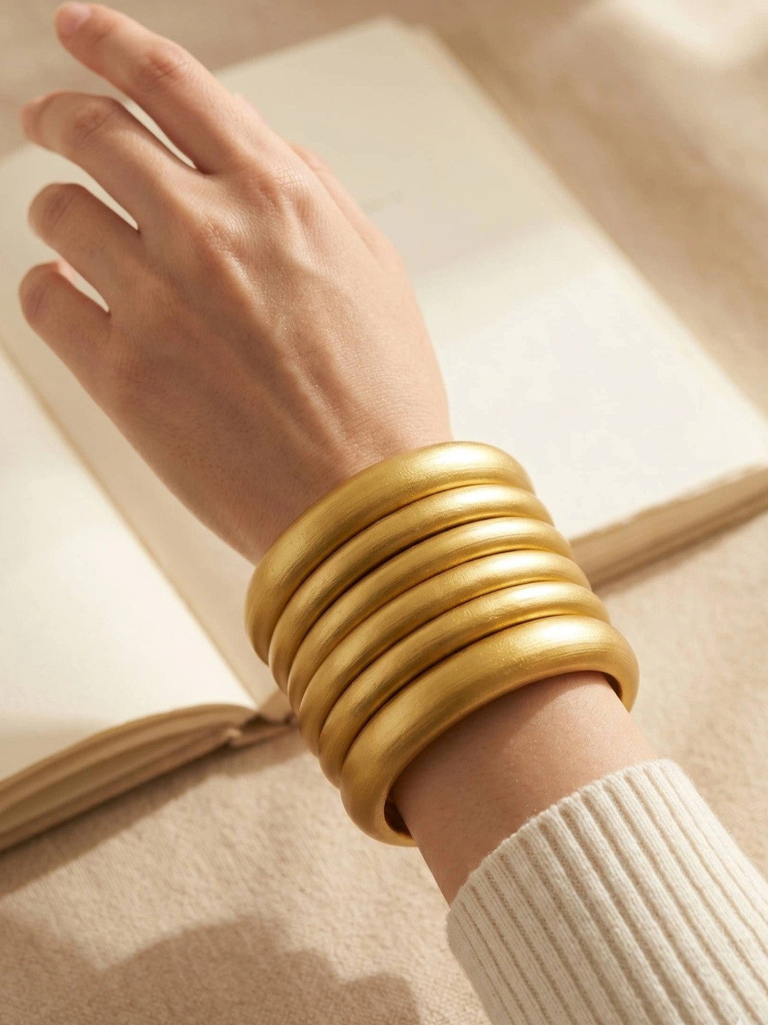 Gold-Finish Wooden Bangles for Women Set of 6