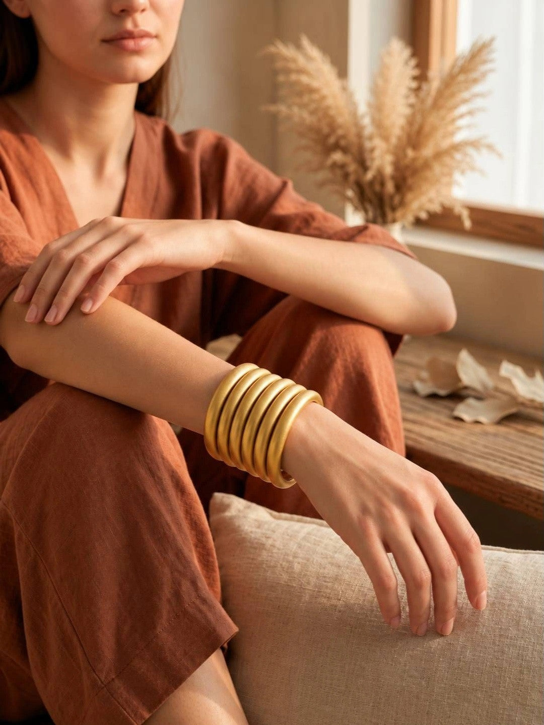 Gold-Finish Wooden Bangles for Women Set of 6
