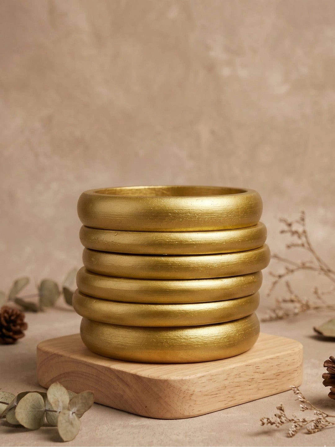 Gold-Finish Wooden Bangles for Women Set of 6