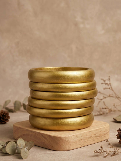 Gold-Finish Wooden Bangles for Women Set of 6