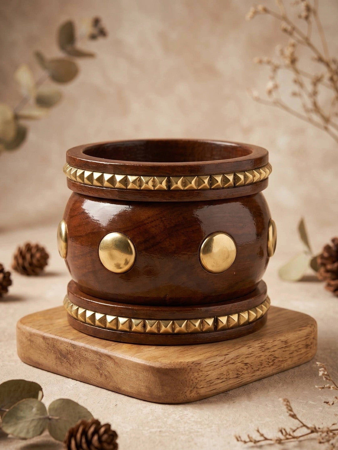 Brass-Studded Wooden Kada Bangles Set of 3