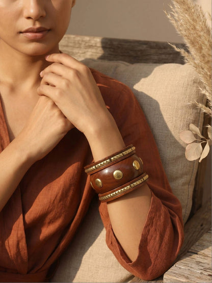 Brass-Studded Wooden Kada Bangles Set of 3