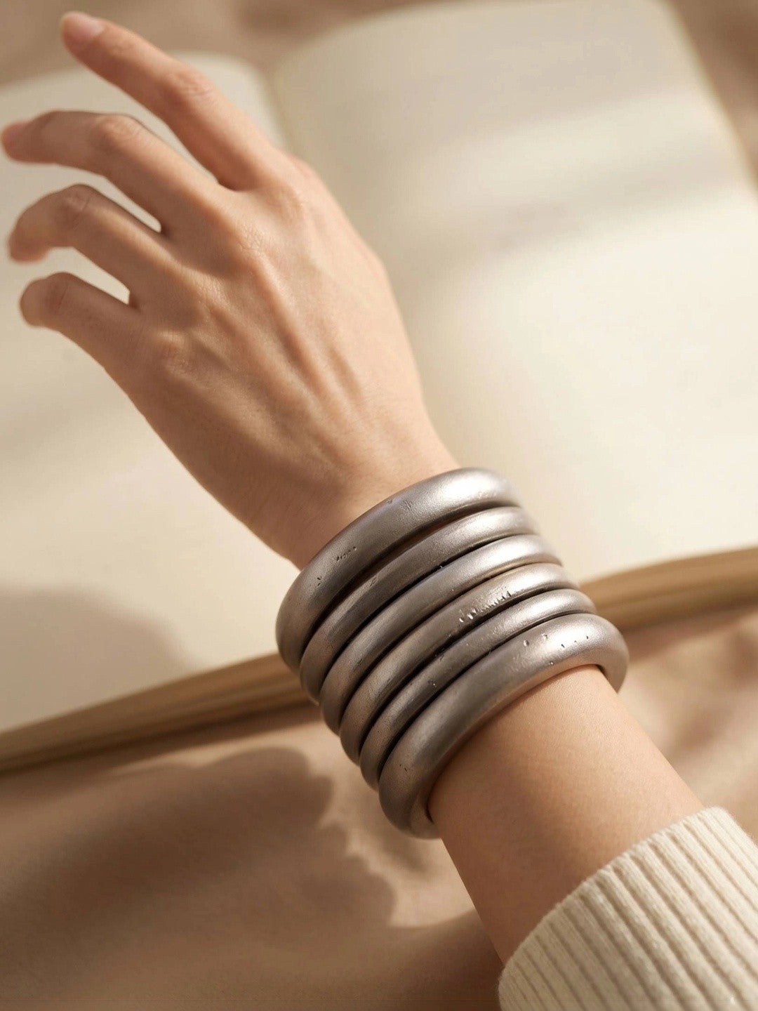 Oxidised Silver Chunky Wooden Bangles Set of 6
