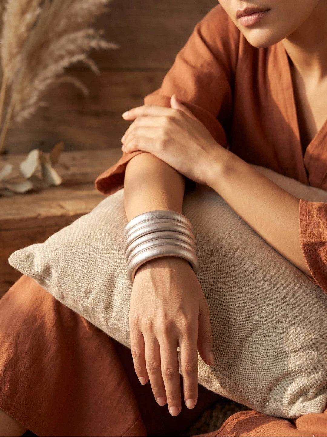 Oxidised Silver Chunky Wooden Bangles Set of 6